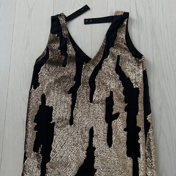 $595 ROBERT RODRIGUEZ Gold Sequin Black MINI SILK Cocktail DRESS ( 2 ) - Picture 5 of 6